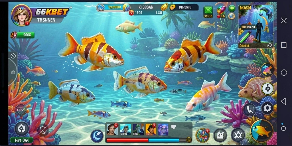 Screenshot gameplay 66KBET menunjukkan aksi tembak ikan yang seru.