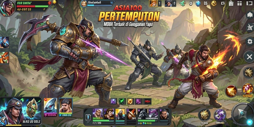 Screenshot gameplay ASIA100 menampilkan aksi seru dalam pertempuran MOBA.
