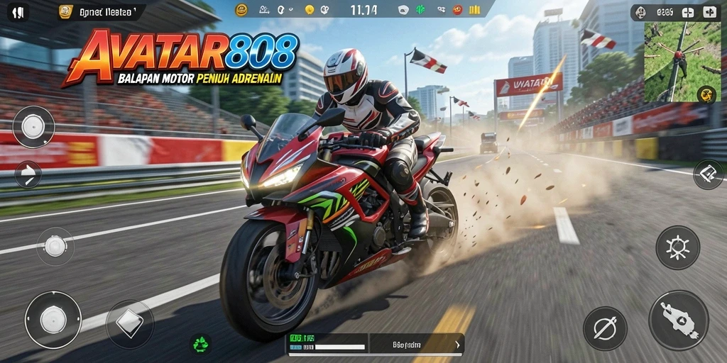 Tampilan grafis AVATAR808 saat balapan motor yang menegangkan.