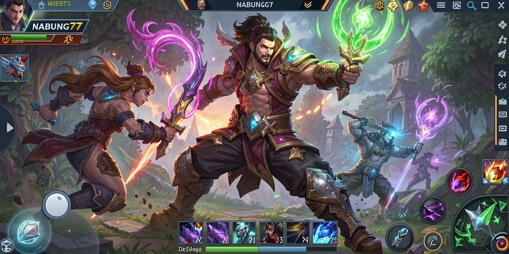 Screenshot gameplay NABUNG77 menampilkan pertarungan epik antara hero.