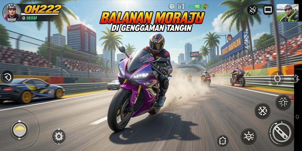 Screenshot utama OH222 menampilkan balapan motor yang mendebarkan.