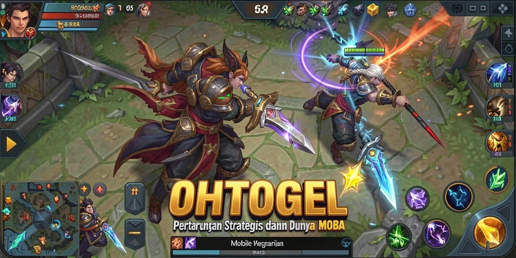 Tampilan seru gameplay OHTOGEL dengan pertarungan karakter MOBA.