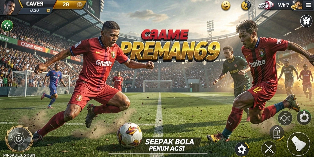 Tangkapan layar gameplay PREMAN69 dengan aksi sepak bola yang seru.