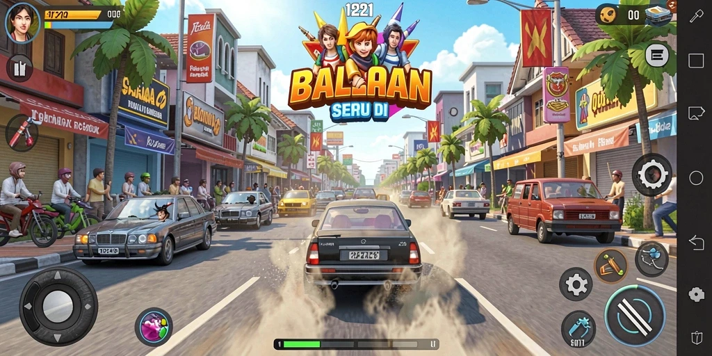 Screenshot menampilkan aksi balapan seru dengan kendaraan kustom.